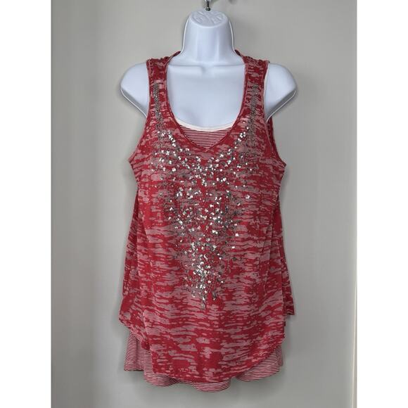American Vintage Tops - Vintage Y2K Layered Tank Womens L Red Burnout Sequin Stripe Rock Long Length‎